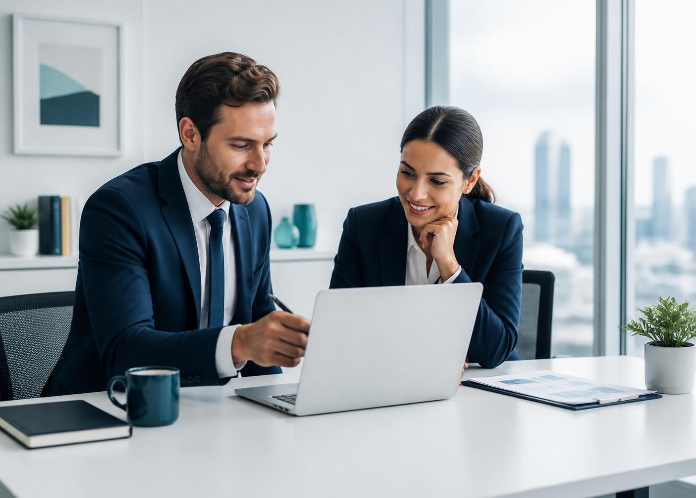Two business professionals reviewing operational reports together