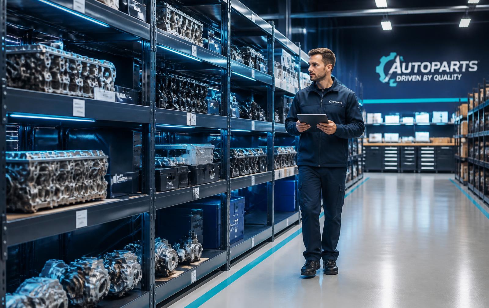 Auto parts warehouse aisle with organised engine components