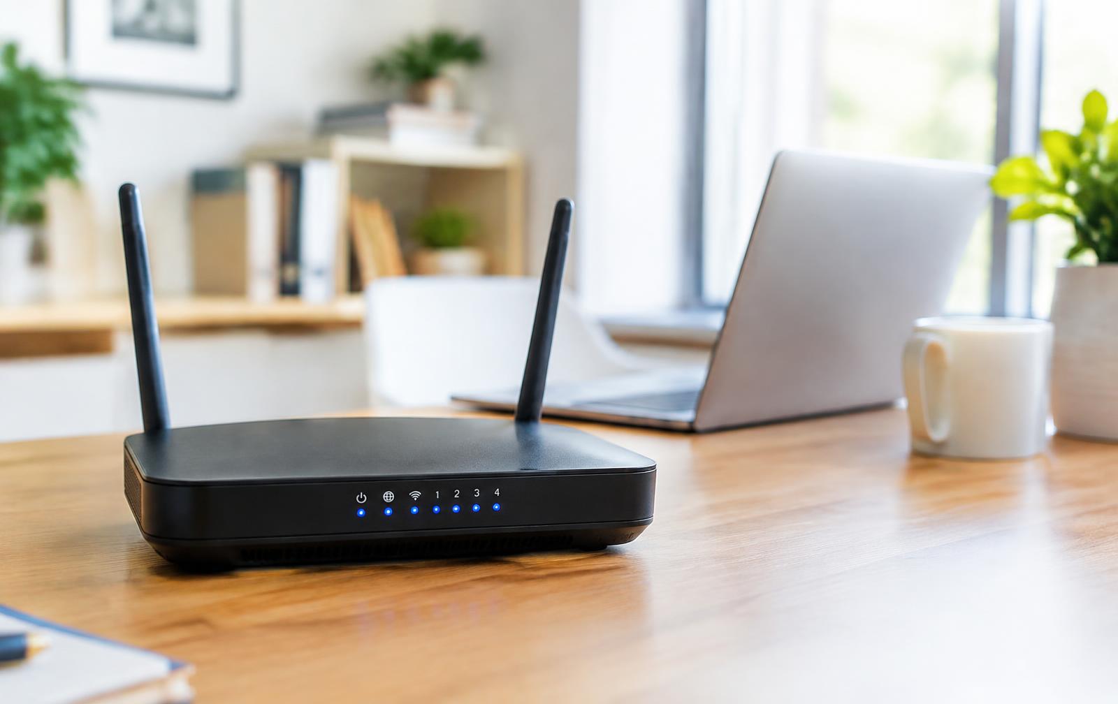 Modern Wi-Fi router on a home office desk