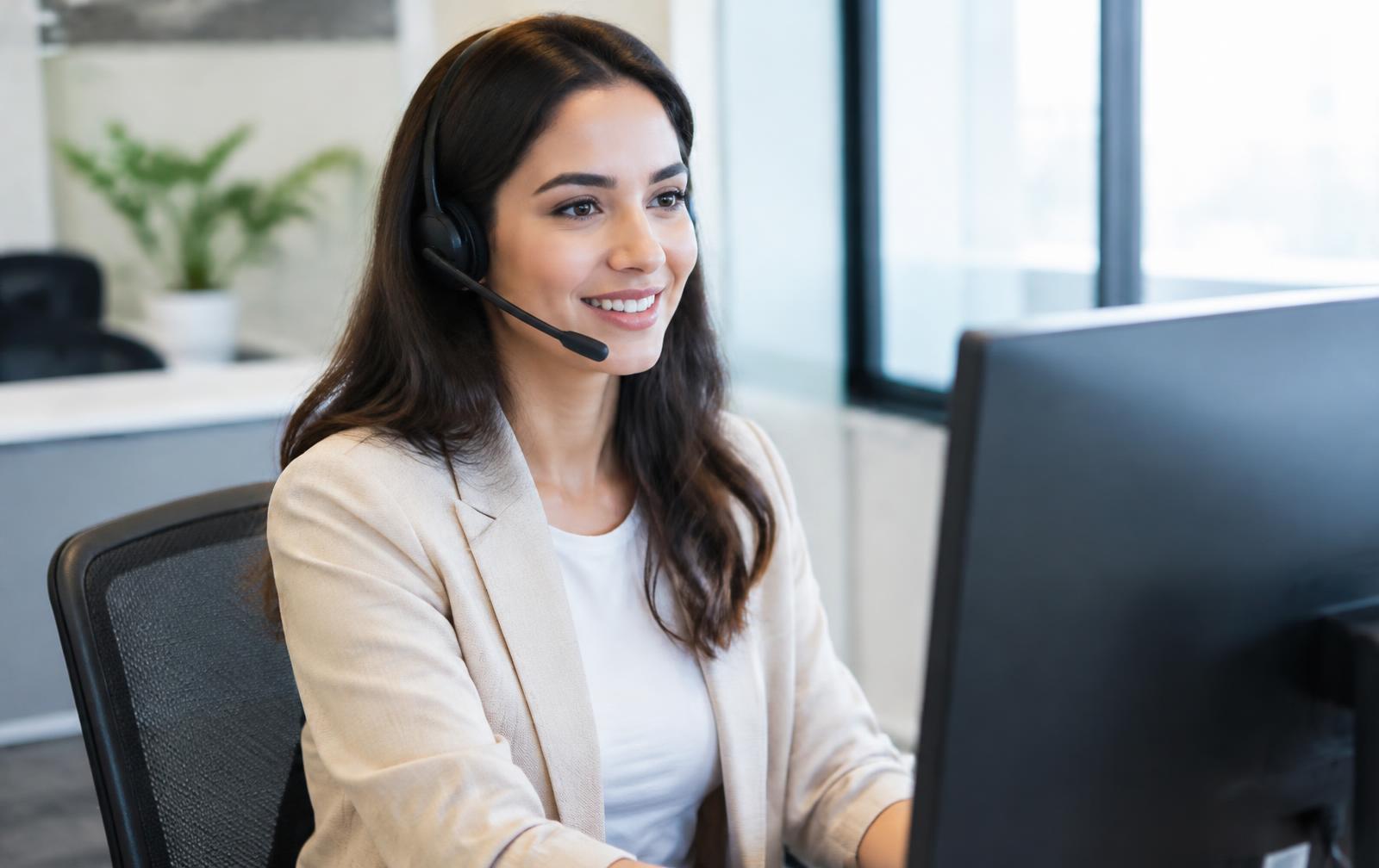 Customer service representative with a headset assisting a customer