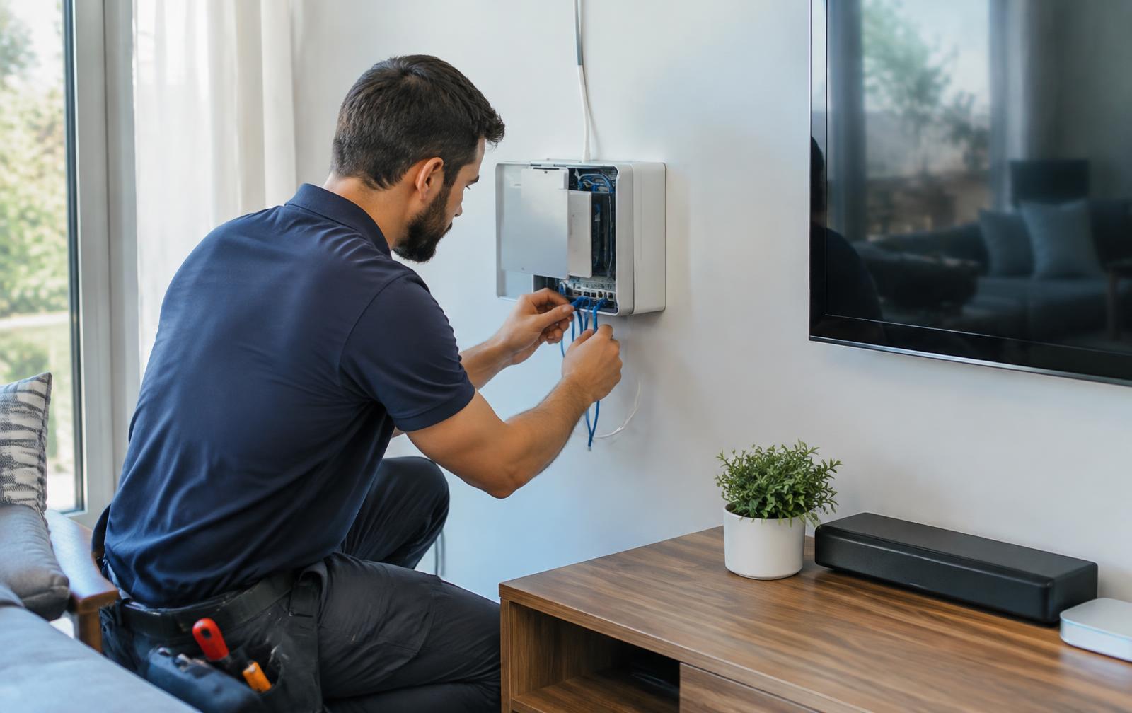 Technician installing internet equipment in a living room